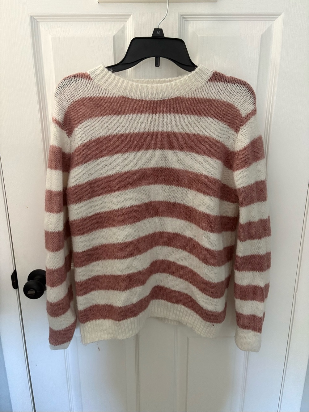 Cozy Striped Crewneck Sweater - Cream & Dusty Rose